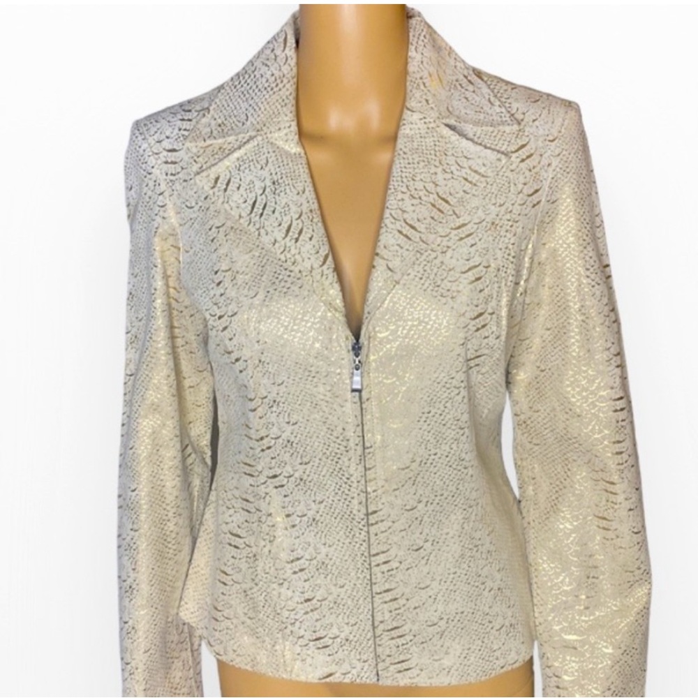 CACHE Y2K/Vintage 
Leather Suede Jacket Tan Metallic Gold Animal Print 
Size 8
